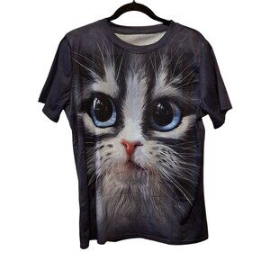 NWT Cat Face Graphic T-Shirt XL OJA Fashion 100% Polyester Unisex Navy Blue Casu
